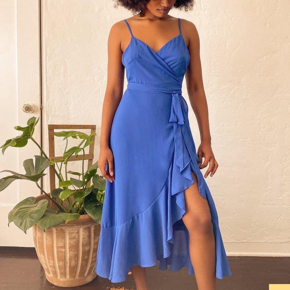 Lulus Manhattan Moment Ruffled Midi Wrap Dress